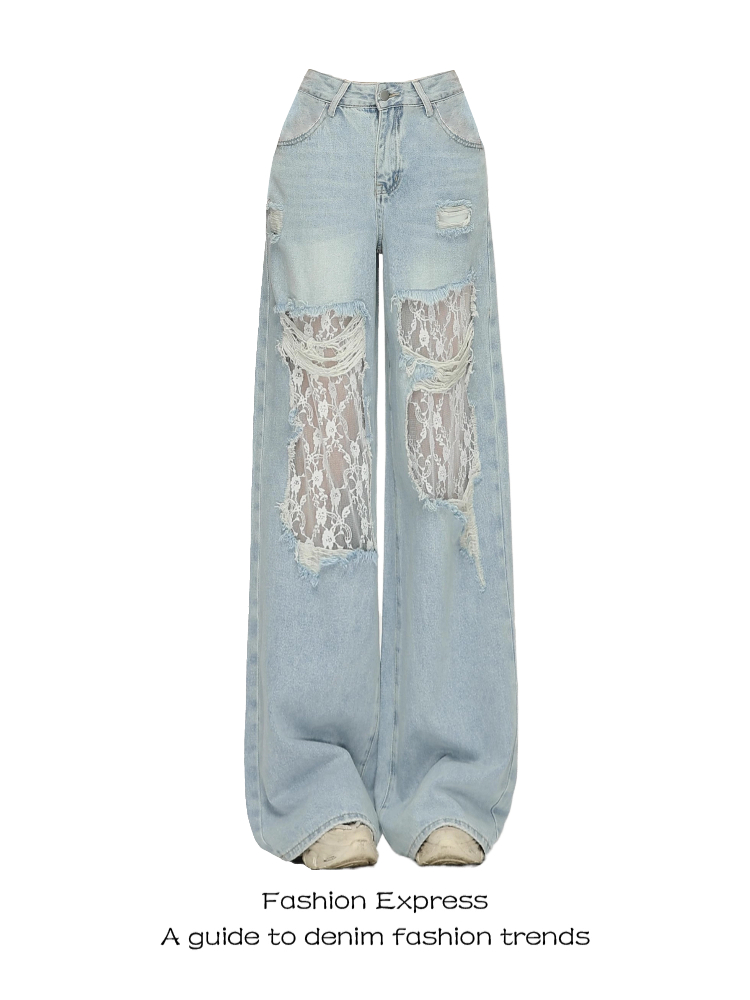 Light Blue High-Waisted Lace Ripped Jeans for Women - Trendy Wide-Leg Straight Patchwork Pants for Spring Summer 2025 Light Blue High-Waisted Lace Ripped Jeans for Women - Trendy Wide-Leg Straight Patchwork Pants for Spring Summer 2025