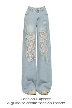 Light Blue High-Waisted Lace Ripped Jeans for Women - Trendy Wide-Leg Straight Patchwork Pants for Spring Summer 2025