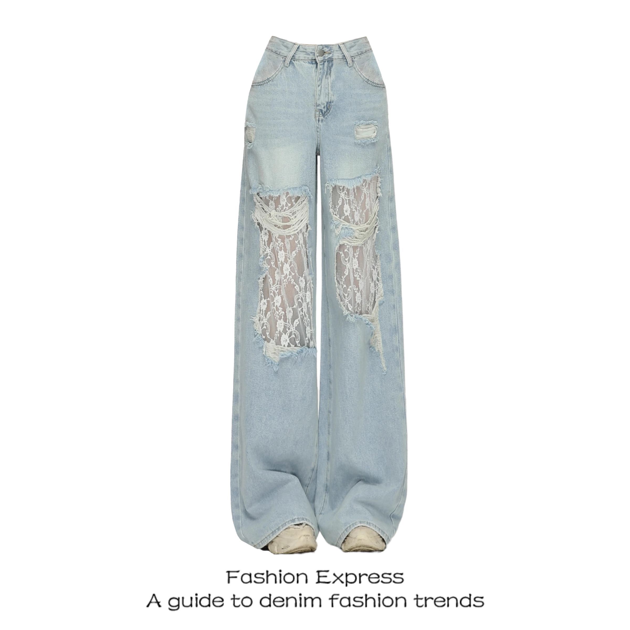 Light Blue High-Waisted Lace Ripped Jeans for Women - Trendy Wide-Leg Straight Patchwork Pants for Spring Summer 2025 Light Blue High-Waisted Lace Ripped Jeans for Women - Trendy Wide-Leg Straight Patchwork Pants for Spring Summer 2025