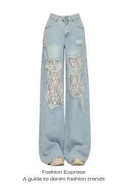 Light Blue High-Waisted Lace Ripped Jeans for Women - Trendy Wide-Leg Straight Patchwork Pants for Spring Summer 2025