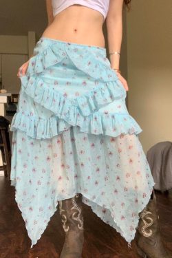 Light Blue Irregular Mesh Spliced Floral Midi Skirt for Girls - Versatile, Slimming Vacation Wear, Perfect for 90s Y2K Style