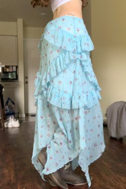 Light Blue Irregular Mesh Spliced Floral Midi Skirt for Girls - Versatile, Slimming Vacation Wear, Perfect for 90s Y2K Style