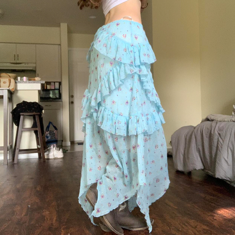 Light Blue Irregular Mesh Spliced Floral Midi Skirt for Girls - Versatile, Slimming Vacation Wear, Perfect for 90s Y2K Style Light Blue Irregular Mesh Spliced Floral Midi Skirt for Girls - Versatile, Slimming Vacation Wear, Perfect for 90s Y2K Style
