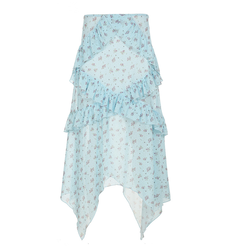Light Blue Irregular Mesh Spliced Floral Midi Skirt for Girls - Versatile, Slimming Vacation Wear, Perfect for 90s Y2K Style Light Blue Irregular Mesh Spliced Floral Midi Skirt for Girls - Versatile, Slimming Vacation Wear, Perfect for 90s Y2K Style