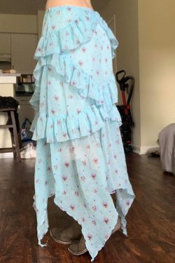 Light Blue Irregular Mesh Spliced Floral Midi Skirt for Girls - Versatile, Slimming Vacation Wear, Perfect for 90s Y2K Style