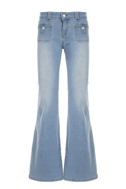 Light Blue Pocket Low-Waist Washed Denim Pants for Women - Versatile Slim Fit Slightly Flared Long Trousers, Y2K Style