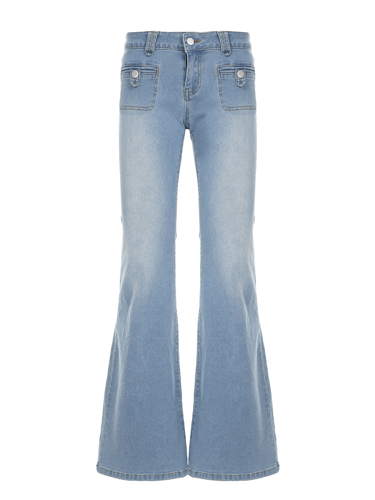 Light Blue Pocket Low-Waist Washed Denim Pants for Women - Versatile Slim Fit Slightly Flared Long Trousers, Y2K Style Light Blue Pocket Low-Waist Washed Denim Pants for Women - Versatile Slim Fit Slightly Flared Long Trousers, Y2K Style