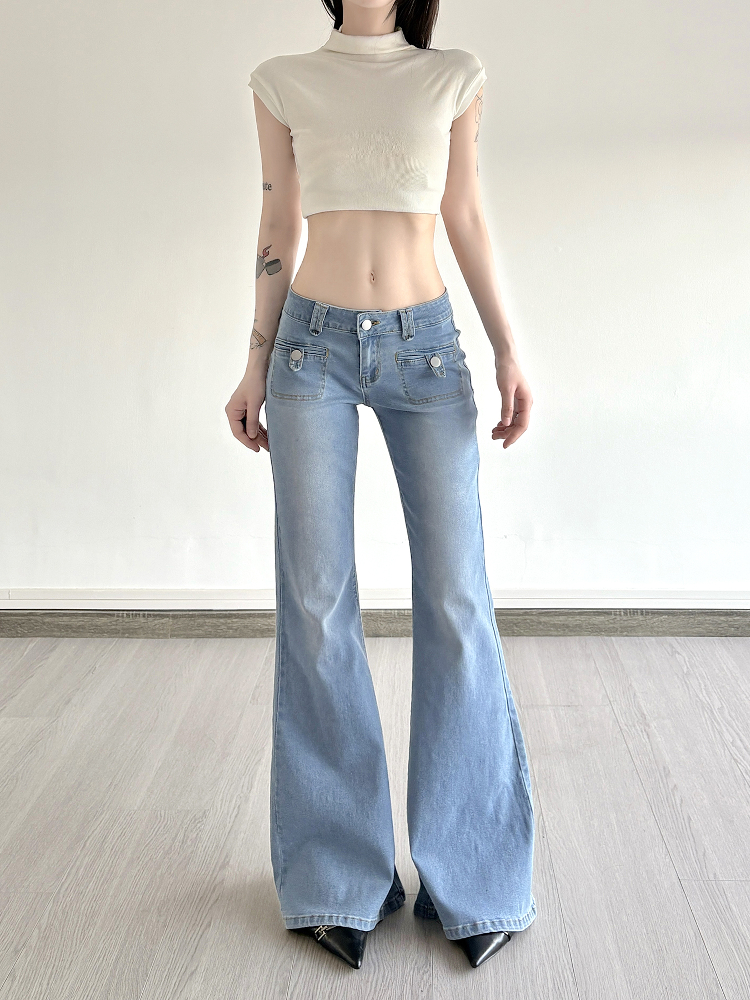 Light Blue Pocket Low-Waist Washed Denim Pants for Women - Versatile Slim Fit Slightly Flared Long Trousers, Y2K Style Light Blue Pocket Low-Waist Washed Denim Pants for Women - Versatile Slim Fit Slightly Flared Long Trousers, Y2K Style