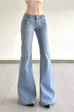 Light Blue Pocket Low-Waist Washed Denim Pants for Women - Versatile Slim Fit Slightly Flared Long Trousers, Y2K Style
