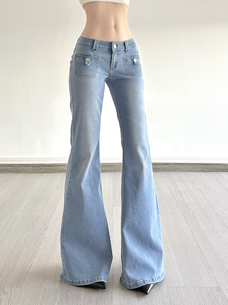 Light Blue Pocket Low-Waist Washed Denim Pants for Women - Versatile Slim Fit Slightly Flared Long Trousers, Y2K Style Light Blue Pocket Low-Waist Washed Denim Pants for Women - Versatile Slim Fit Slightly Flared Long Trousers, Y2K Style