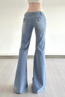 Light Blue Pocket Low-Waist Washed Denim Pants for Women - Versatile Slim Fit Slightly Flared Long Trousers, Y2K Style