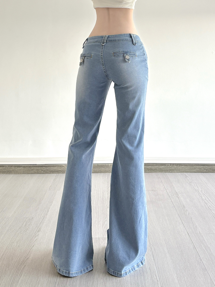Light Blue Pocket Low-Waist Washed Denim Pants for Women - Versatile Slim Fit Slightly Flared Long Trousers, Y2K Style Light Blue Pocket Low-Waist Washed Denim Pants for Women - Versatile Slim Fit Slightly Flared Long Trousers, Y2K Style