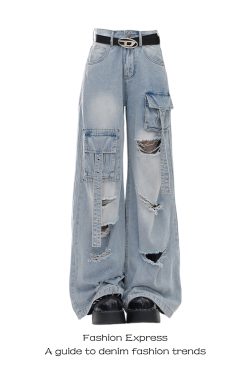 Light Blue Ripped Cargo Jeans for Women - High Street Multi-Pocket Loose Wide-Leg Pants, Autumn Winter Fashion 90s Style