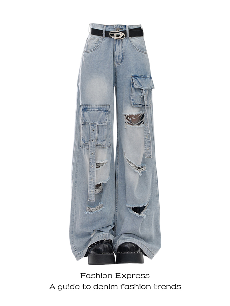 Light Blue Ripped Cargo Jeans for Women - High Street Multi-Pocket Loose Wide-Leg Pants, Autumn Winter Fashion 90s Style Light Blue Ripped Cargo Jeans for Women - High Street Multi-Pocket Loose Wide-Leg Pants, Autumn Winter Fashion 90s Style