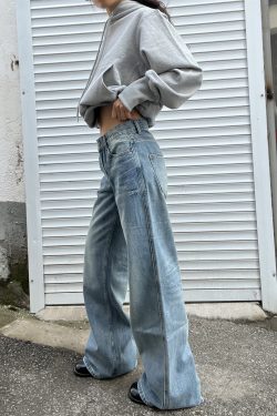 Light Blue Washed Straight Leg Jeans for Women | Personalized Side Tie-Dye Vintage Style | 2025 Fashion Trend