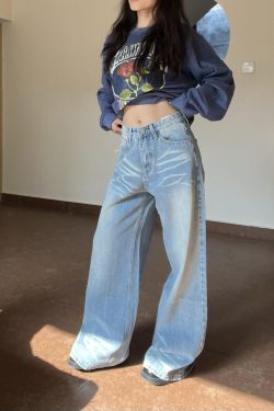 Light Blue Wide-Leg Denim Pants for Women - Vintage Textured Draped Loose Straight Style, Perfect for 90s and Y2K Fashion