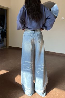 Light Blue Wide-Leg Denim Pants for Women - Vintage Textured Draped Loose Straight Style, Perfect for 90s and Y2K Fashion