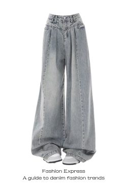 Light-Colored Retro Pleated Wide-Leg Jeans for Women - High-Waisted Loose Draped Floor-Length Pants for Autumn/Winter 2025