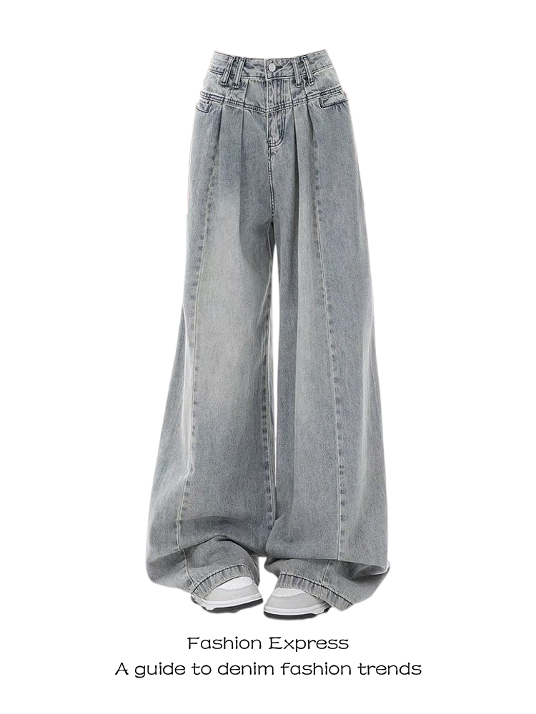 Light-Colored Retro Pleated Wide-Leg Jeans for Women - High-Waisted Loose Draped Floor-Length Pants for Autumn/Winter 2025 Light-Colored Retro Pleated Wide-Leg Jeans for Women - High-Waisted Loose Draped Floor-Length Pants for Autumn/Winter 2025