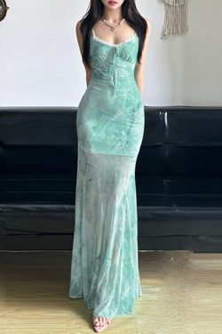 Light Green V-Neck Spaghetti Strap Mermaid Dress - Vintage Waist-Cinching Slim Fit for Spicy Girl & Mature Woman Style, Trendy Design