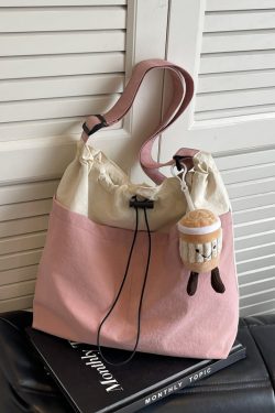 Lightweight Canvas Drawstring Bucket Bag for Women, Large Capacity, Artistic Japanese Style Crossbody Shoulder Bag