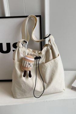 Lightweight Canvas Drawstring Bucket Bag for Women, Large Capacity, Artistic Japanese Style Crossbody Shoulder Bag