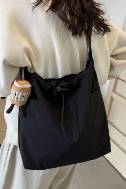 Lightweight Canvas Drawstring Bucket Bag for Women, Large Capacity, Artistic Japanese Style Crossbody Shoulder Bag