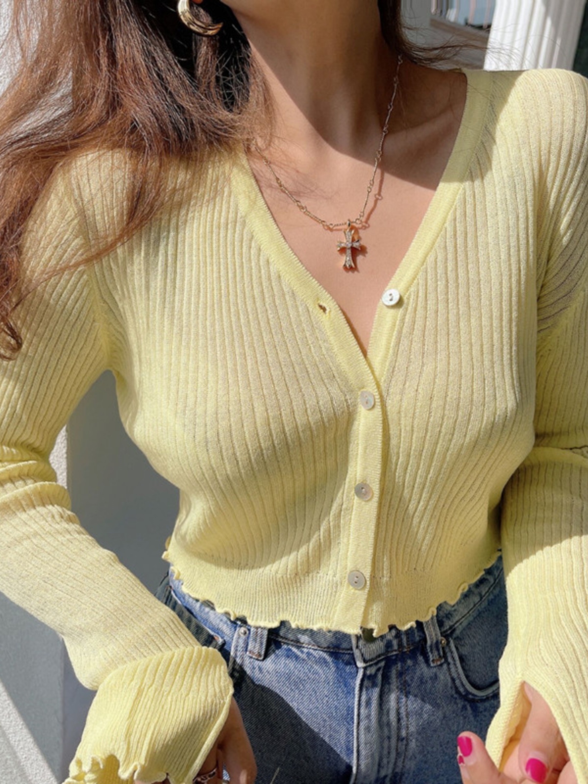 Lightweight Handmade Spring Summer Sun Protection Shirt, Vintage V-Neck Flared Sleeve Slimming Knit Top for Women Lightweight Handmade Spring Summer Sun Protection Shirt, Vintage V-Neck Flared Sleeve Slimming Knit Top for Women