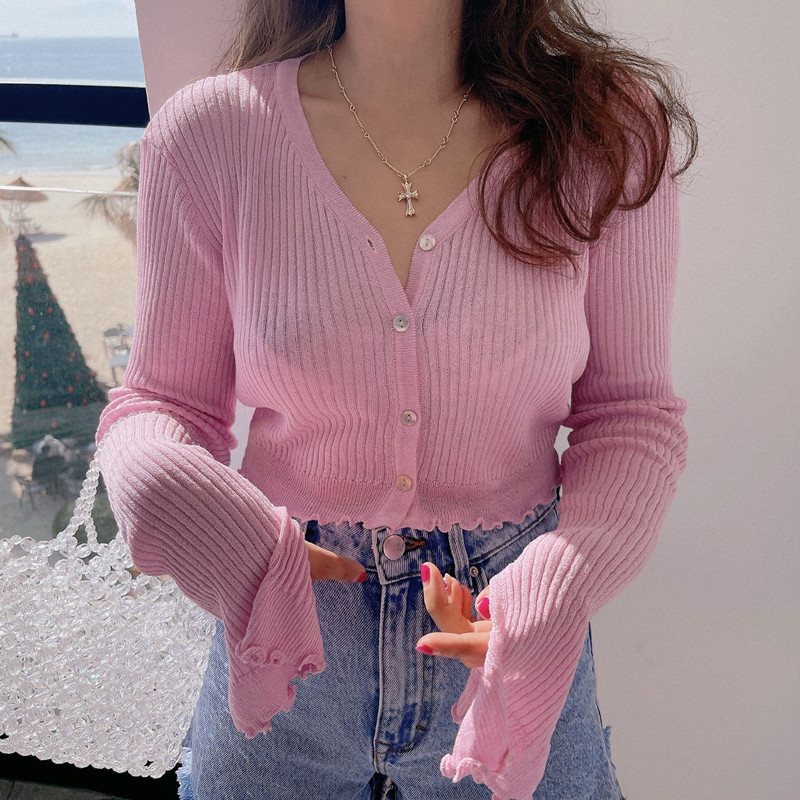 Lightweight Handmade Spring Summer Sun Protection Shirt, Vintage V-Neck Flared Sleeve Slimming Knit Top for Women Lightweight Handmade Spring Summer Sun Protection Shirt, Vintage V-Neck Flared Sleeve Slimming Knit Top for Women