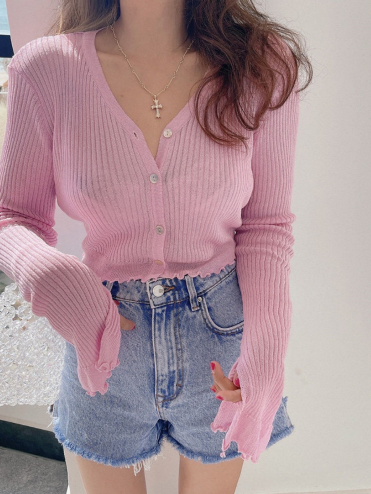 Lightweight Handmade Spring Summer Sun Protection Shirt, Vintage V-Neck Flared Sleeve Slimming Knit Top for Women Lightweight Handmade Spring Summer Sun Protection Shirt, Vintage V-Neck Flared Sleeve Slimming Knit Top for Women