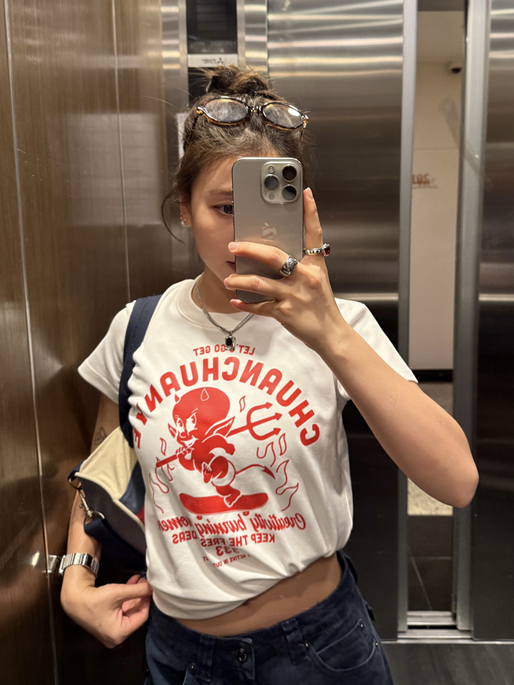 Little Devil Printed Slim Fit Short Sleeve T-Shirt for Women - Trendy Summer Top, Casual Daily Wear, Y2K Style Little Devil Printed Slim Fit Short Sleeve T-Shirt for Women - Trendy Summer Top, Casual Daily Wear, Y2K Style