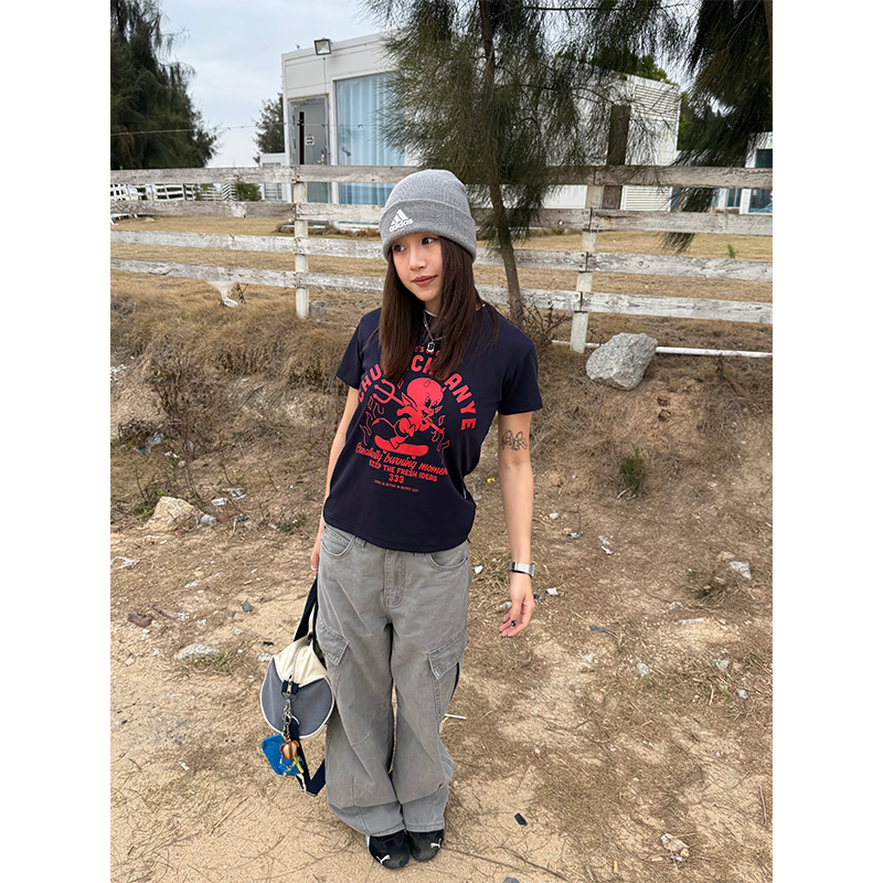 Little Devil Printed Slim Fit Short Sleeve T-Shirt for Women - Trendy Summer Top, Casual Daily Wear, Y2K Style Little Devil Printed Slim Fit Short Sleeve T-Shirt for Women - Trendy Summer Top, Casual Daily Wear, Y2K Style