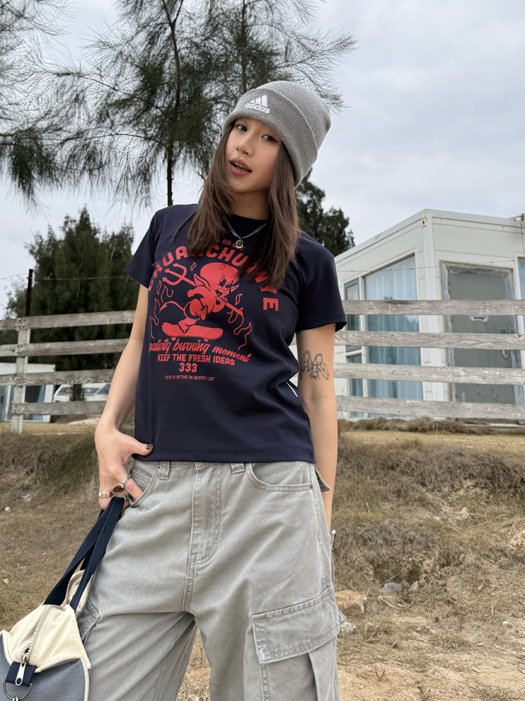 Little Devil Printed Slim Fit Short Sleeve T-Shirt for Women - Trendy Summer Top, Casual Daily Wear, Y2K Style Little Devil Printed Slim Fit Short Sleeve T-Shirt for Women - Trendy Summer Top, Casual Daily Wear, Y2K Style