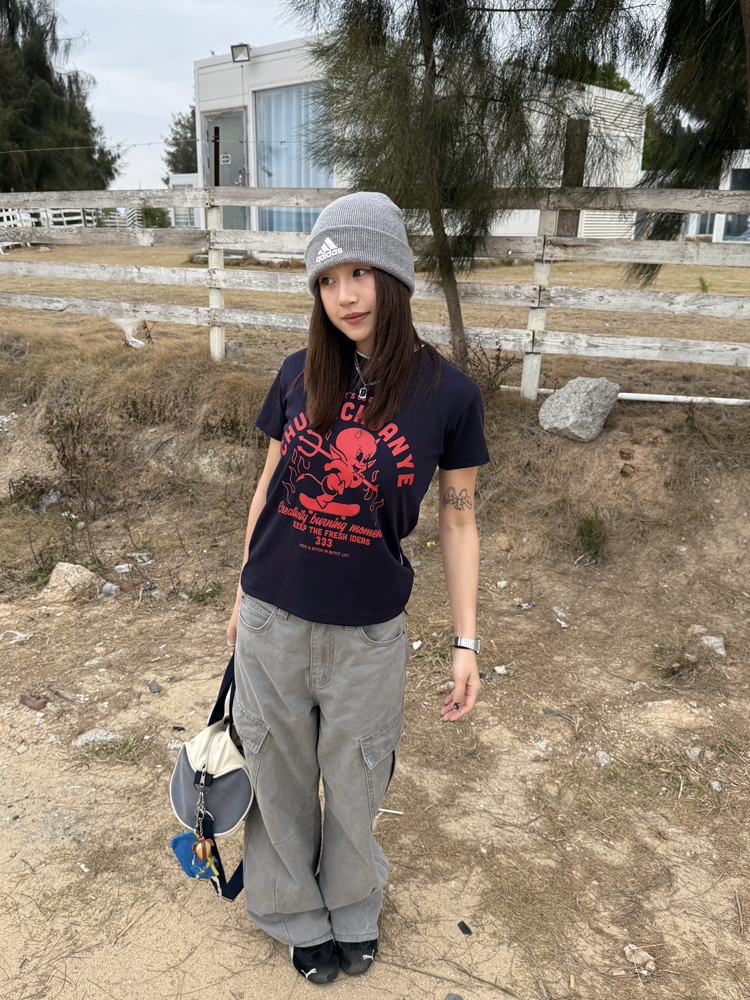 Little Devil Printed Slim Fit Short Sleeve T-Shirt for Women - Trendy Summer Top, Casual Daily Wear, Y2K Style Little Devil Printed Slim Fit Short Sleeve T-Shirt for Women - Trendy Summer Top, Casual Daily Wear, Y2K Style