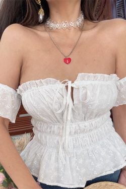 Little White Shirt 100% Cotton One-Shoulder Flowy Sleeve Tied Vacation Blouse Strapless Top - Perfect for Summer and Y2K Style