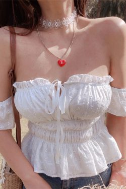 Little White Shirt 100% Cotton One-Shoulder Flowy Sleeve Tied Vacation Blouse Strapless Top - Perfect for Summer and Y2K Style