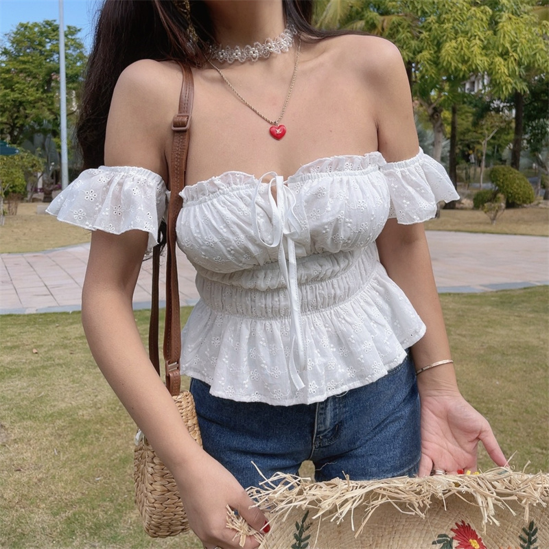 Little White Shirt 100% Cotton One-Shoulder Flowy Sleeve Tied Vacation Blouse Strapless Top - Perfect for Summer and Y2K Style Little White Shirt 100% Cotton One-Shoulder Flowy Sleeve Tied Vacation Blouse Strapless Top - Perfect for Summer and Y2K Style