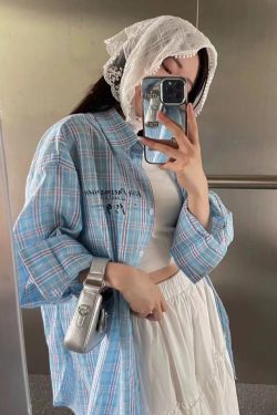 Loose 3D Bow Checkered Shirt for Women - Chinese-style American Spring Top 2025 with Sun Protection