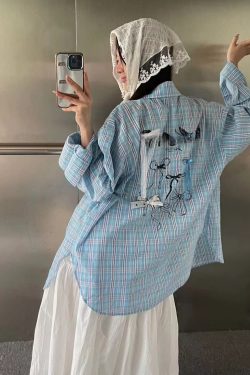 Loose 3D Bow Checkered Shirt for Women - Chinese-style American Spring Top 2025 with Sun Protection
