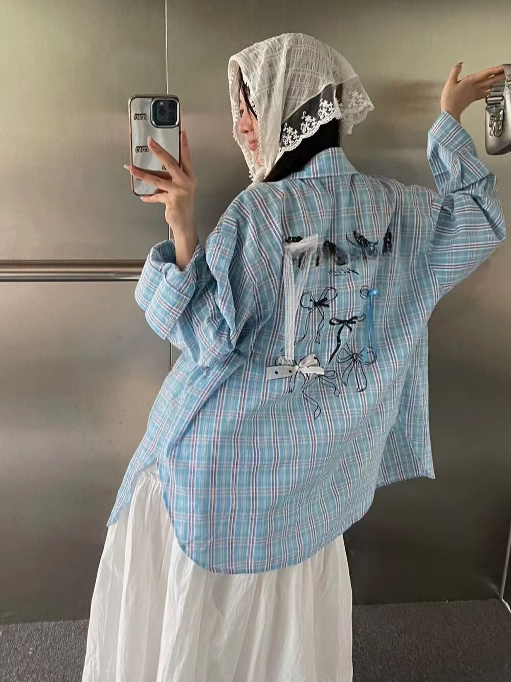 Loose 3D Bow Checkered Shirt for Women - Chinese-style American Spring Top 2025 with Sun Protection Loose 3D Bow Checkered Shirt for Women - Chinese-style American Spring Top 2025 with Sun Protection