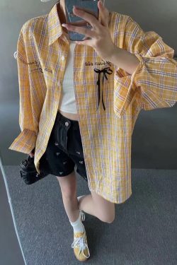 Loose 3D Bow Checkered Shirt for Women - Chinese-style American Spring Top 2025 with Sun Protection
