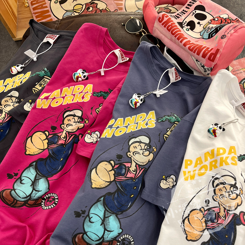 Loose Cartoon Popeye Graphic T-Shirt in Pure Cotton - Casual Short Sleeve Top for Y2K Style Lovers Loose Cartoon Popeye Graphic T-Shirt in Pure Cotton - Casual Short Sleeve Top for Y2K Style Lovers