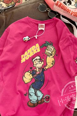 Loose Cartoon Popeye Graphic T-Shirt in Pure Cotton - Casual Short Sleeve Top for Y2K Style Lovers