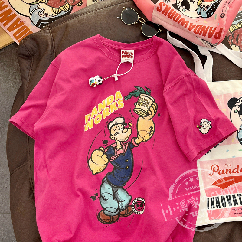 Loose Cartoon Popeye Graphic T-Shirt in Pure Cotton - Casual Short Sleeve Top for Y2K Style Lovers Loose Cartoon Popeye Graphic T-Shirt in Pure Cotton - Casual Short Sleeve Top for Y2K Style Lovers