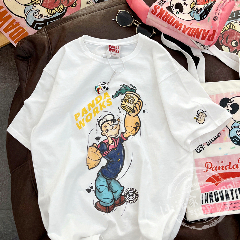 Loose Cartoon Popeye Graphic T-Shirt in Pure Cotton - Casual Short Sleeve Top for Y2K Style Lovers Loose Cartoon Popeye Graphic T-Shirt in Pure Cotton - Casual Short Sleeve Top for Y2K Style Lovers