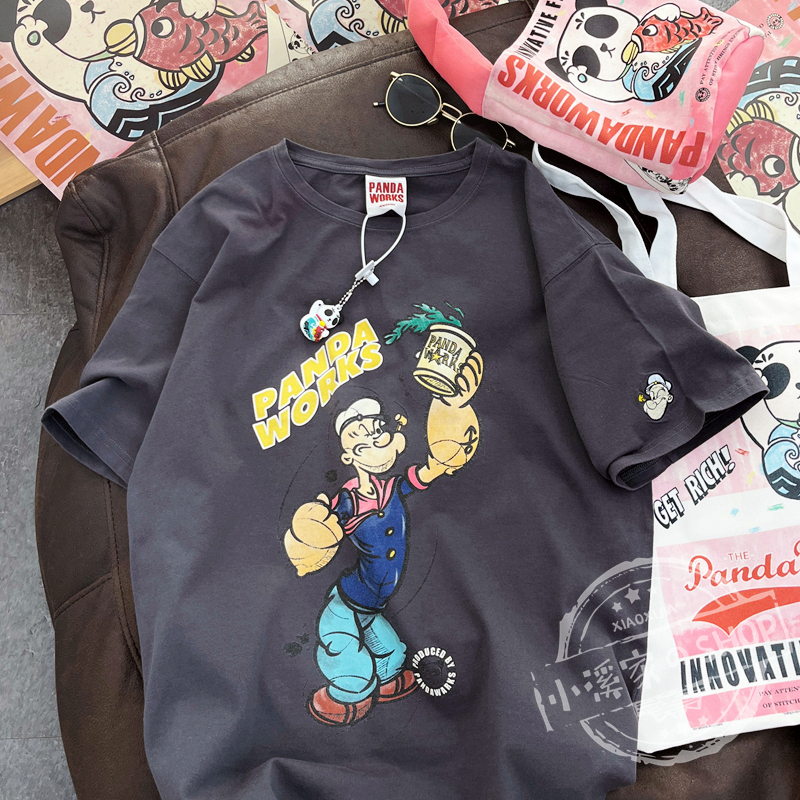 Loose Cartoon Popeye Graphic T-Shirt in Pure Cotton - Casual Short Sleeve Top for Y2K Style Lovers Loose Cartoon Popeye Graphic T-Shirt in Pure Cotton - Casual Short Sleeve Top for Y2K Style Lovers