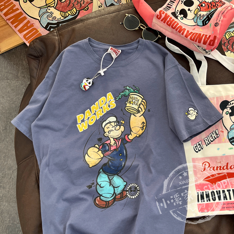 Loose Cartoon Popeye Graphic T-Shirt in Pure Cotton - Casual Short Sleeve Top for Y2K Style Lovers Loose Cartoon Popeye Graphic T-Shirt in Pure Cotton - Casual Short Sleeve Top for Y2K Style Lovers