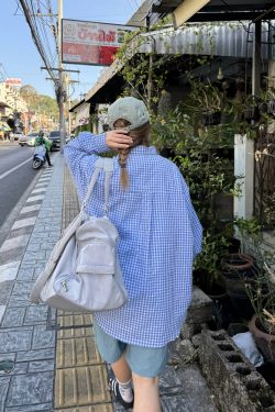 Loose Fit American Retro Plaid Long Sleeve Polo Shirt for Unisex - Trendy Early Spring Outerwear in 90s Style