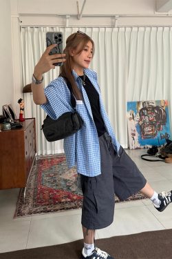 Loose Fit American Retro Plaid Long Sleeve Polo Shirt for Unisex - Trendy Early Spring Outerwear in 90s Style