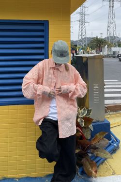 Loose Fit American Retro Plaid Long Sleeve Polo Shirt for Unisex - Trendy Early Spring Outerwear in 90s Style